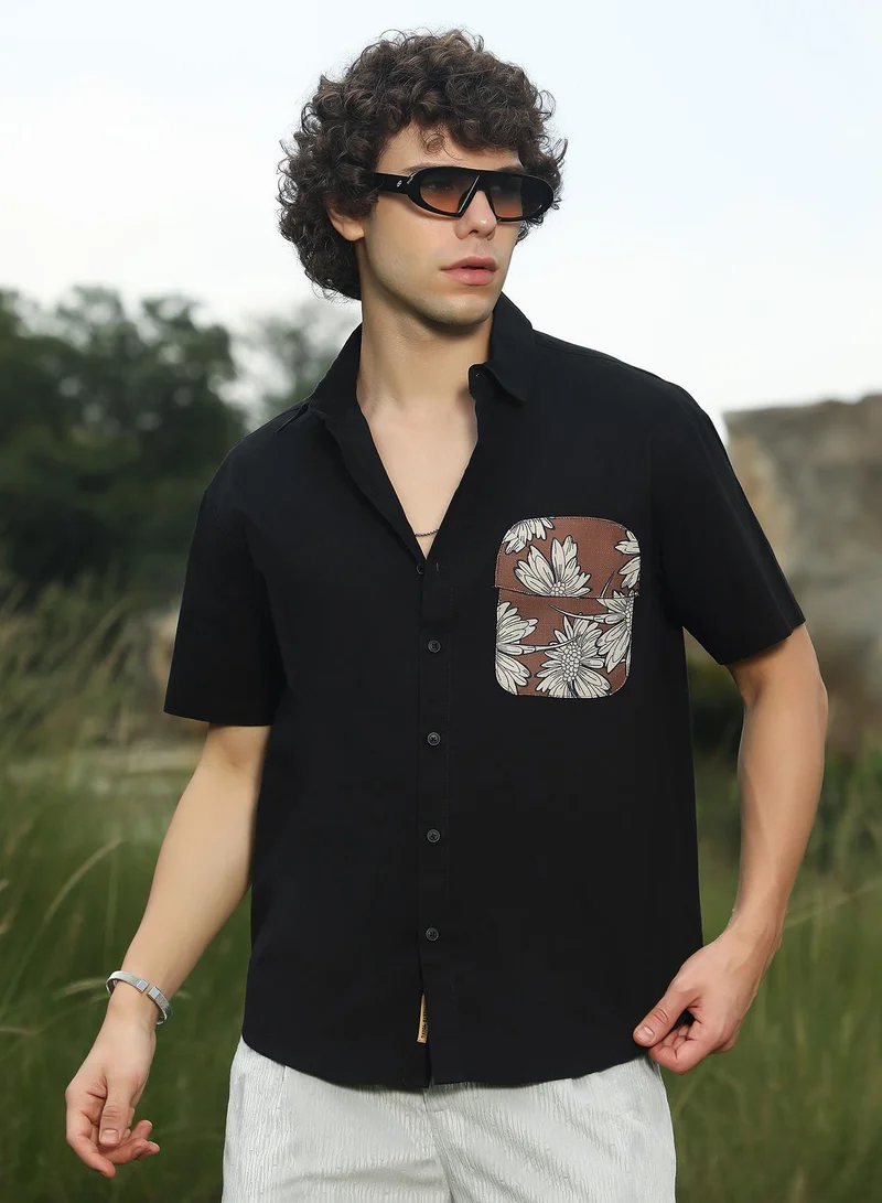 كامبوس سوترا Men's Chocolate Brown & Obsidian Black Flora-Block Shirt For Casual Wear | Spread Collar | Short Sleeves | Button Closure | Oversized Shirt Crafted With Comfort Fit For Everyday Wear